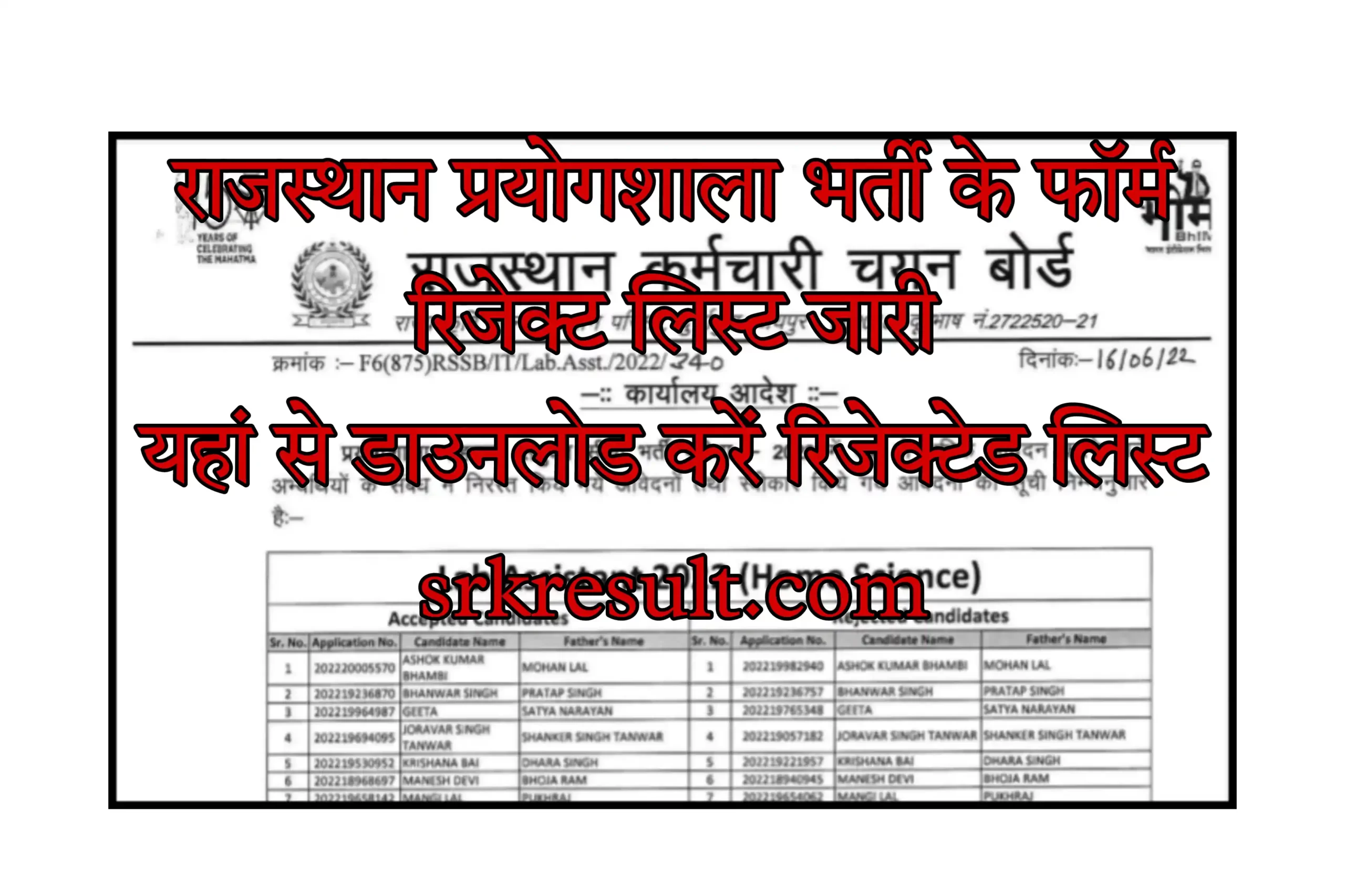 Rajasthan Lab Assistant Rejected Form List 2022