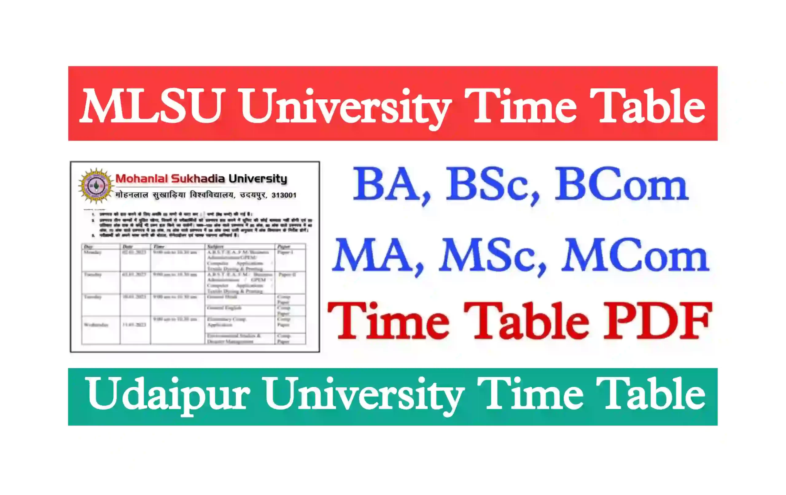 MLSU University Time Table 2023 BA, BSc, BCom Udaipur University Time Table 2023 PDF Download Link