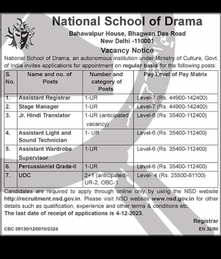National School of Drama New Vacancy 2023